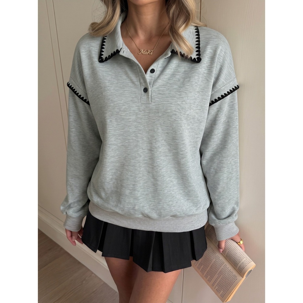 Polo Collar Dropped Shoulder Sweatshirt - Small - Picture 5 of 14